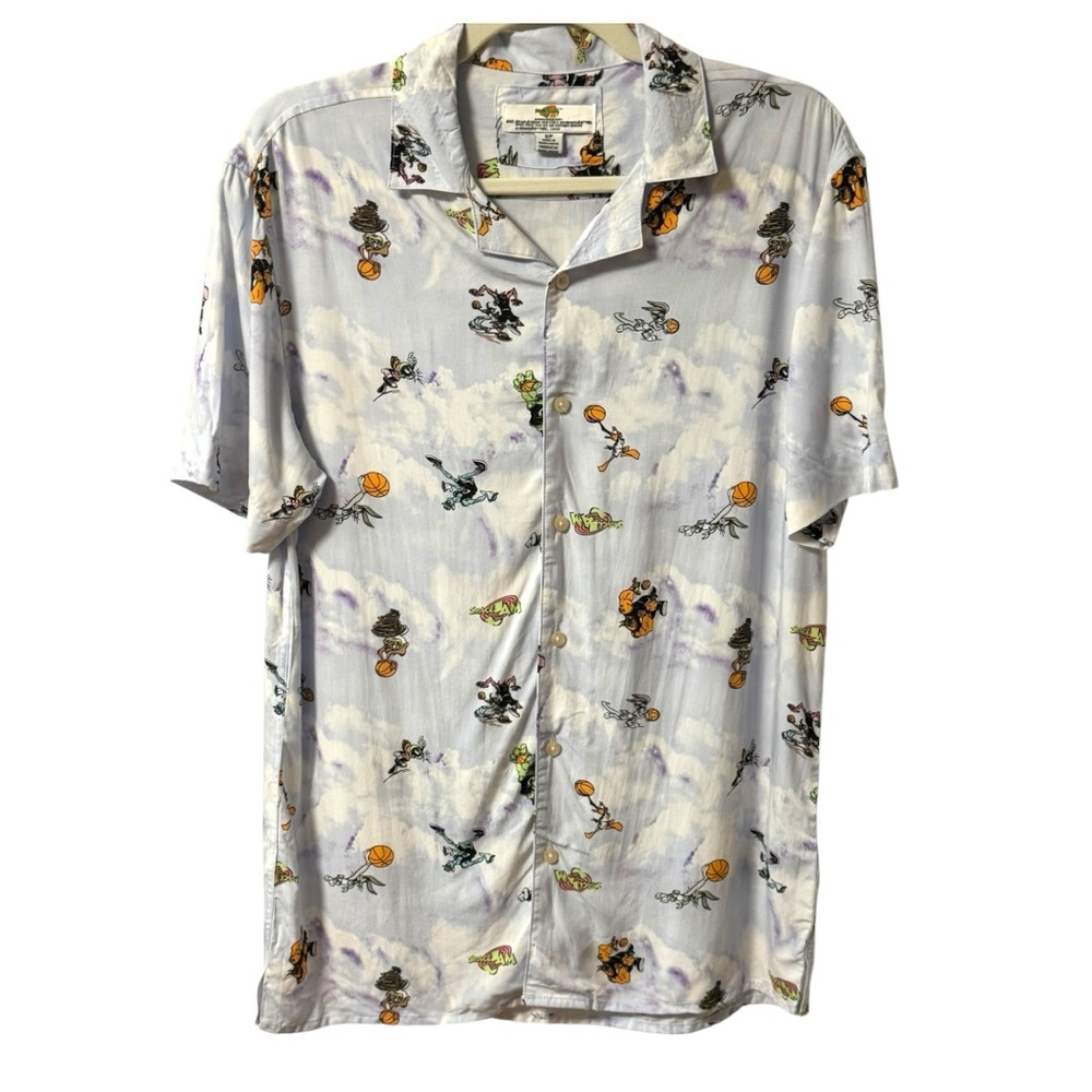 Space Jam Button Up Short Sleeve Shirt 25th Anniversary Mens Small Blue Retro